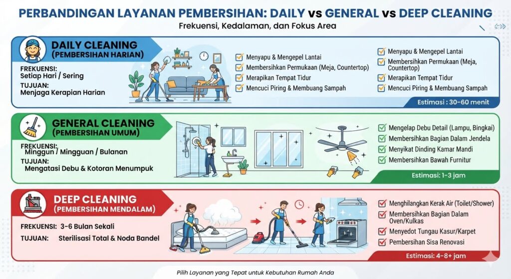 daily cleaning vs general cleaning vs deep cleaning